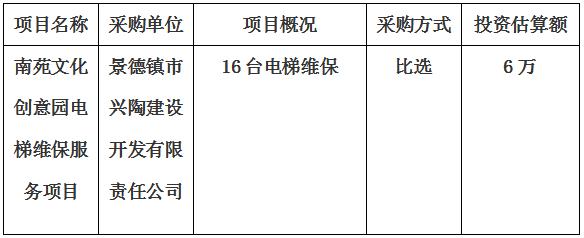 南苑文化創(chuàng)意園電梯維保服務(wù)項目采購計劃公告