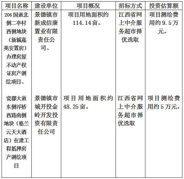 景德鎮(zhèn)市206國(guó)道北側(cè)二亭村西側(cè)地塊（新城嘉苑安置房）辦理房屋不動(dòng)產(chǎn)權(quán)證房產(chǎn)測(cè)繪項(xiàng)目、瓷都大道東側(cè)浮橋西路南側(cè)地塊（格蘭云天大酒店）在建工程抵押房產(chǎn)測(cè)繪項(xiàng)目計(jì)劃公告