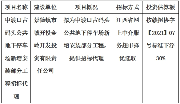 中渡口古碼頭公共地下停車場新增安裝部分工程招標(biāo)代理計(jì)劃公告