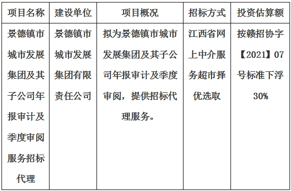 景德鎮(zhèn)市城市發(fā)展集團及其子公司年報審計及季度審閱服務招標代理計劃公告